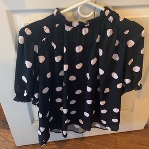NWOT Ann Taylor Black Blouse with Pink Polka Dots